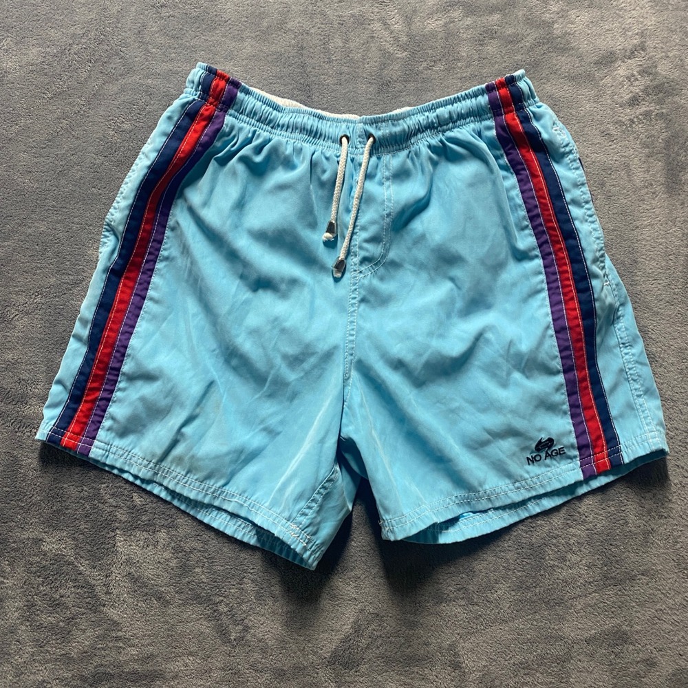 No Age Swim Trunks Mens XL Light Blue Striped Board Shorts Retro Mesh Lined